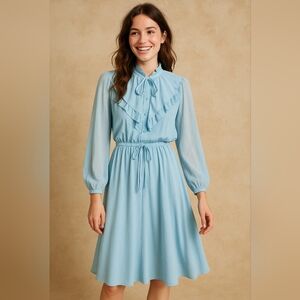 Vintage 70s Prairie Dress baby Bluee ruffle tie neck ruffle long sleeve
